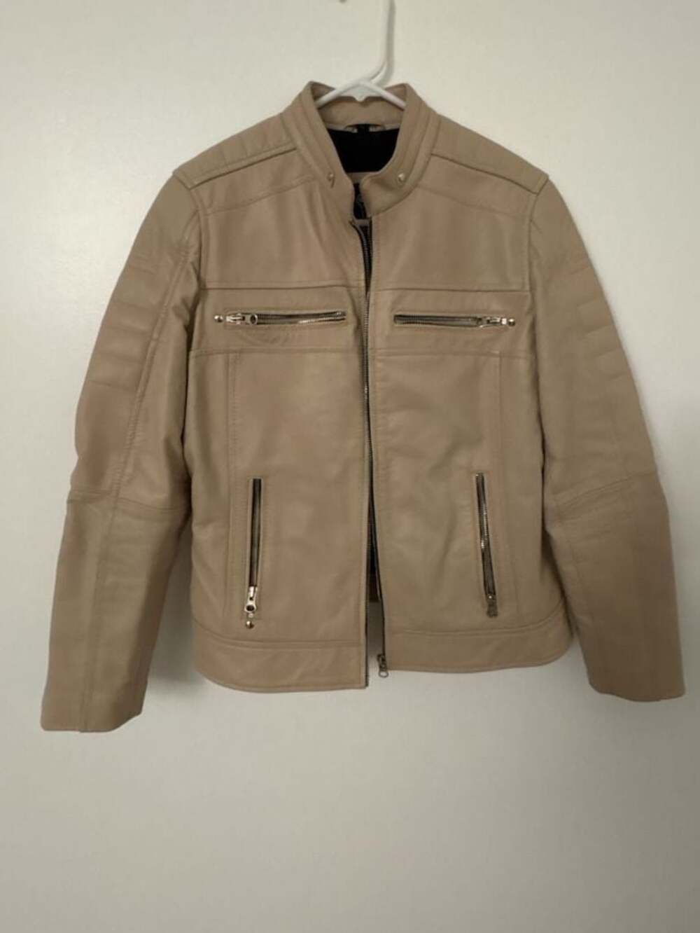 Mens Beige Real Leather Quilted Detail Biker Moto Jacket
